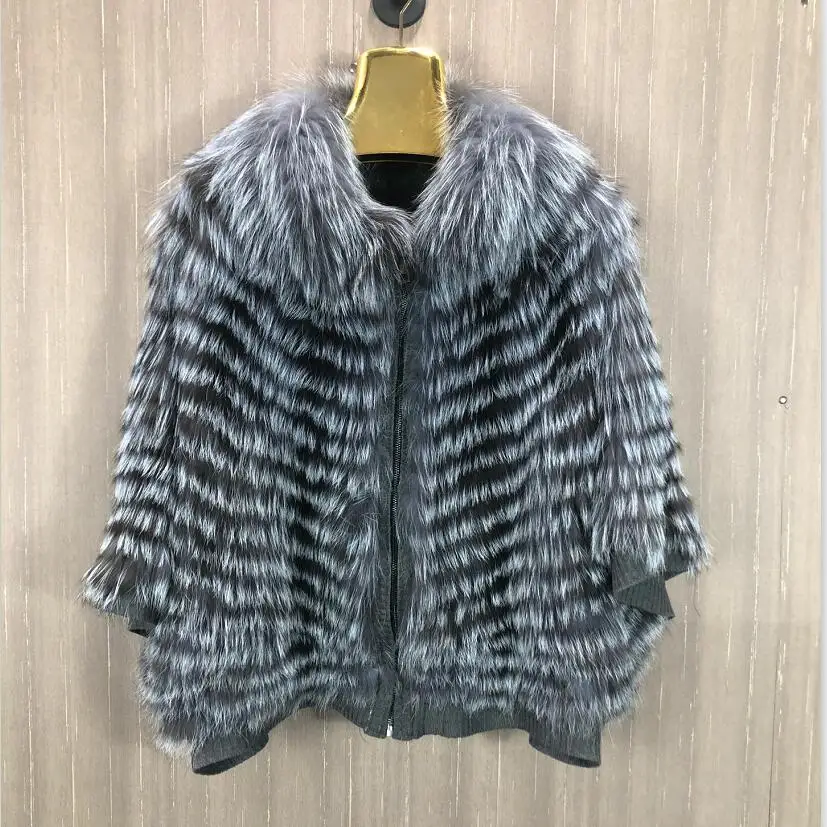 Silver Fox Fur Knitted Coat, Raccoon Fur Clothing, Real Fox Fur, 2023