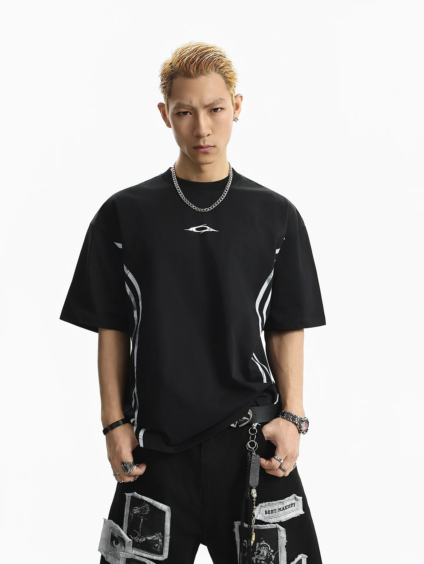 

BETEBULE American High Street Striped Color Block round Neck Short Sleeve T-Shirt Men Summer Heavyweight Loose Half Sleeve Top