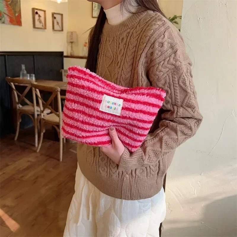 New Colorful Striped Dot Plush Clutch Cosmetic Bag Large Capacity Makeup Pouch Toiletries Bag Travel Outdoor Makeup Storage