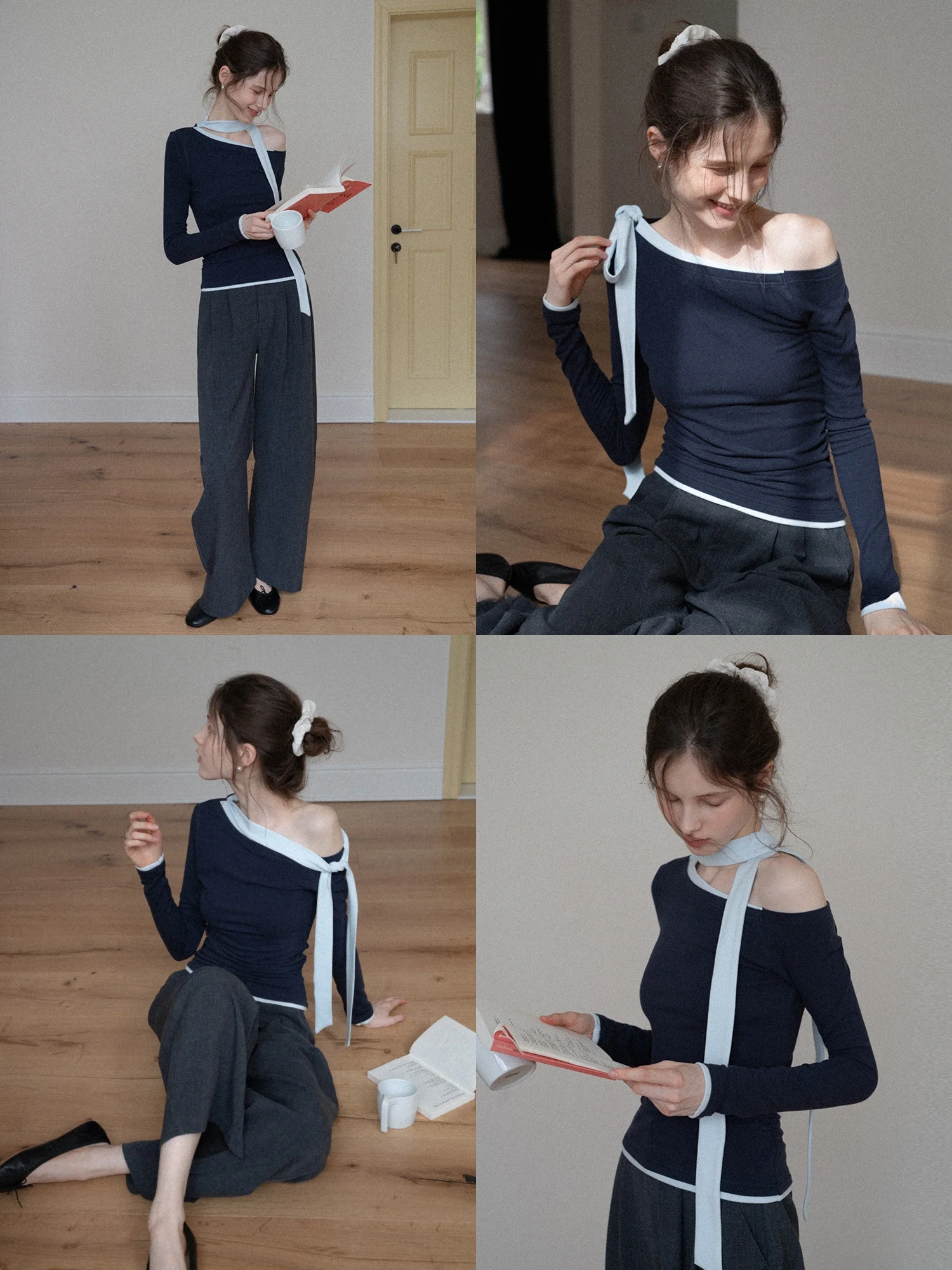 تي شيرت Eggka محبوك طويل Sve للسيدات بقصة ضيقة كاجوال بتصميم كتف من البوليستر المسامي