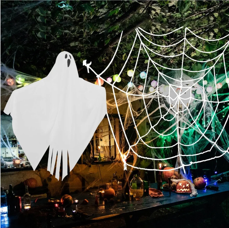 Hangende Halloween-geestdecoratie 48cm wit spinnenweb, griezelig skelet decoratie voor feest, tuin, huis, spookachtig ornament