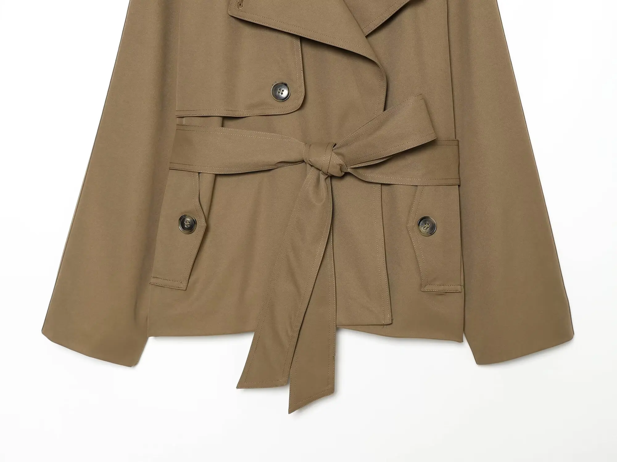 BSAY Damen Neuer Modischer Vielseitiger Kurzer Trenchcoat Kontrastfarbe Revers Gürtel Doppelreihig Locker Sitzende Pendler-Oberjacke – Detail 6