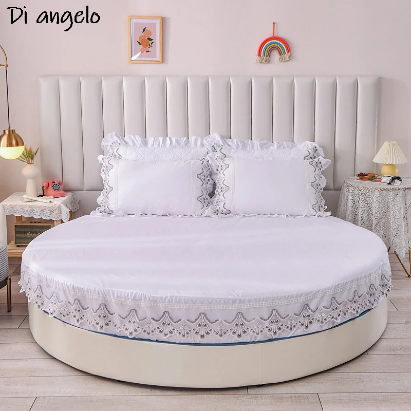 Cotton Round Bed Fitted Sheet Lace Round Bedspread Non-slip Mattress Cover Romantic Round Bed Sheet Pillowcase Custom size #sw