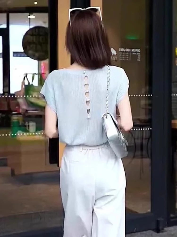 エレガントな半袖アイスシルクニットトップ女性のファッションバック中空クラシックソリッドカラー夏痩身快適なフィット感