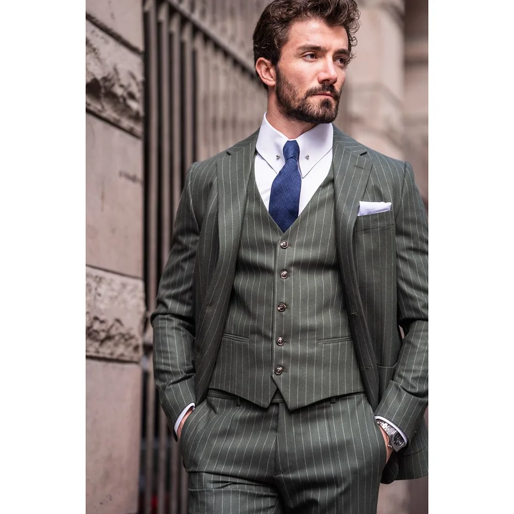 High Quality Stripes Single Breasted Men Suit Three-pieces(Jacket+Pants+Vest) Party Prom Wedding Set