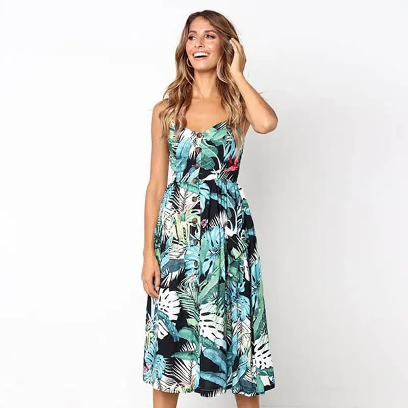 Summer Floral Print Sleeveless Button Backless Midi Dress Women's Sexy