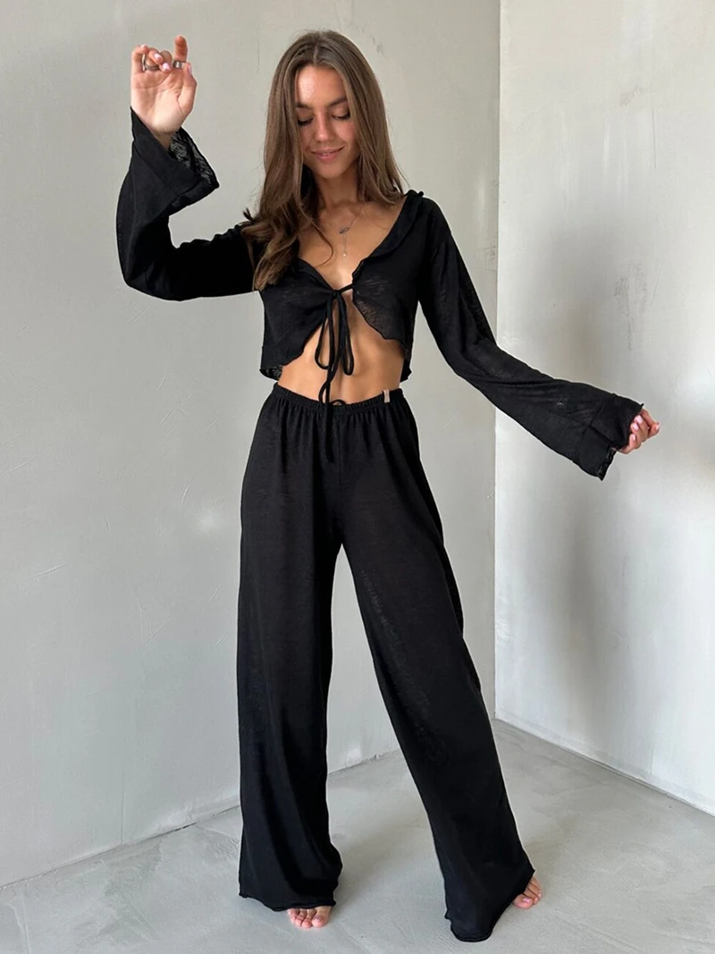 

Sexy V-Neck Modal Lounge Set Solid Long-Sleeve Low-Cut Top Long Pants Modern Design Trendy Women's Casual Attire Street Wear