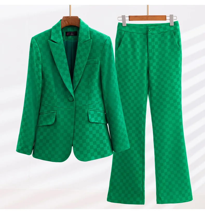 Tesco-Conjunto de Terno Xadrez Formal Feminino, Blazer Lapela, Calças Flare, Senhora do Escritório, Festa Commuter, Pantsuit