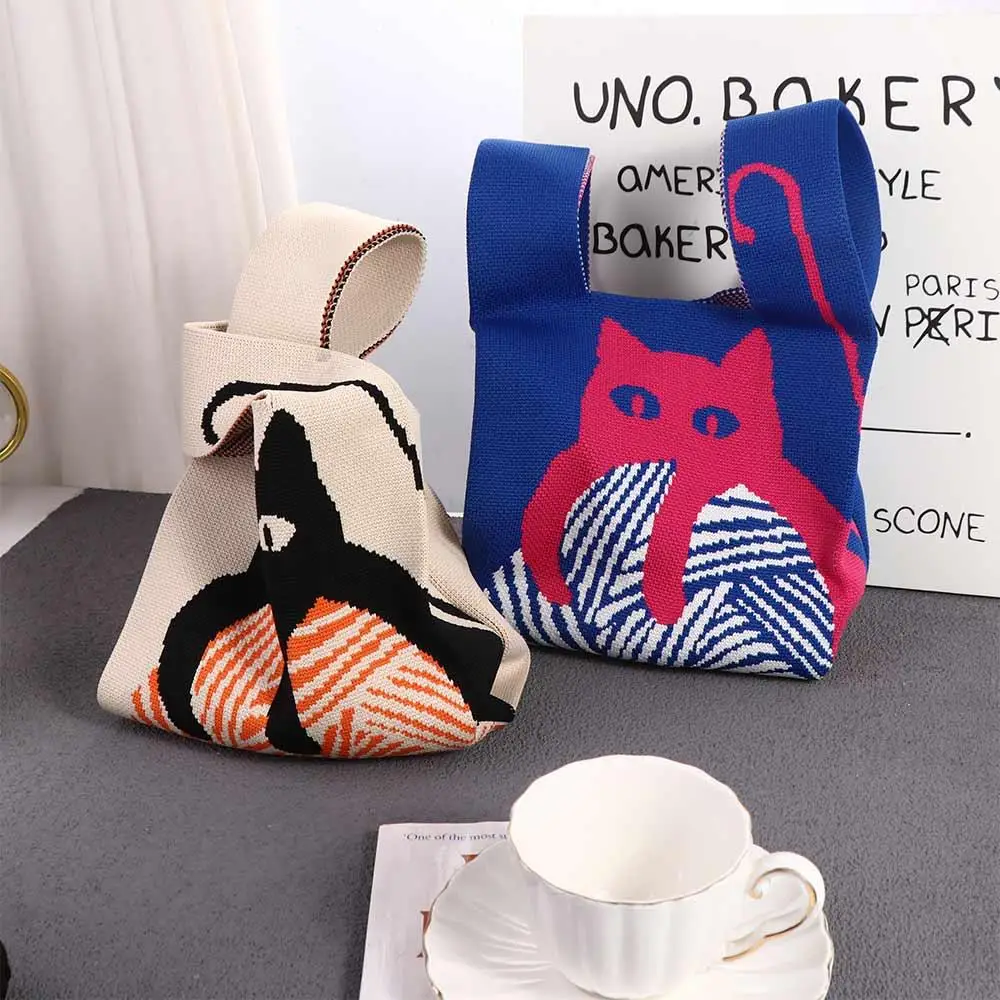 Bolsa de cosméticos informal para mujer, bolso de hombro de gran capacidad con dibujos animados de gato, estilo étnico, bolso de muñeca de punto