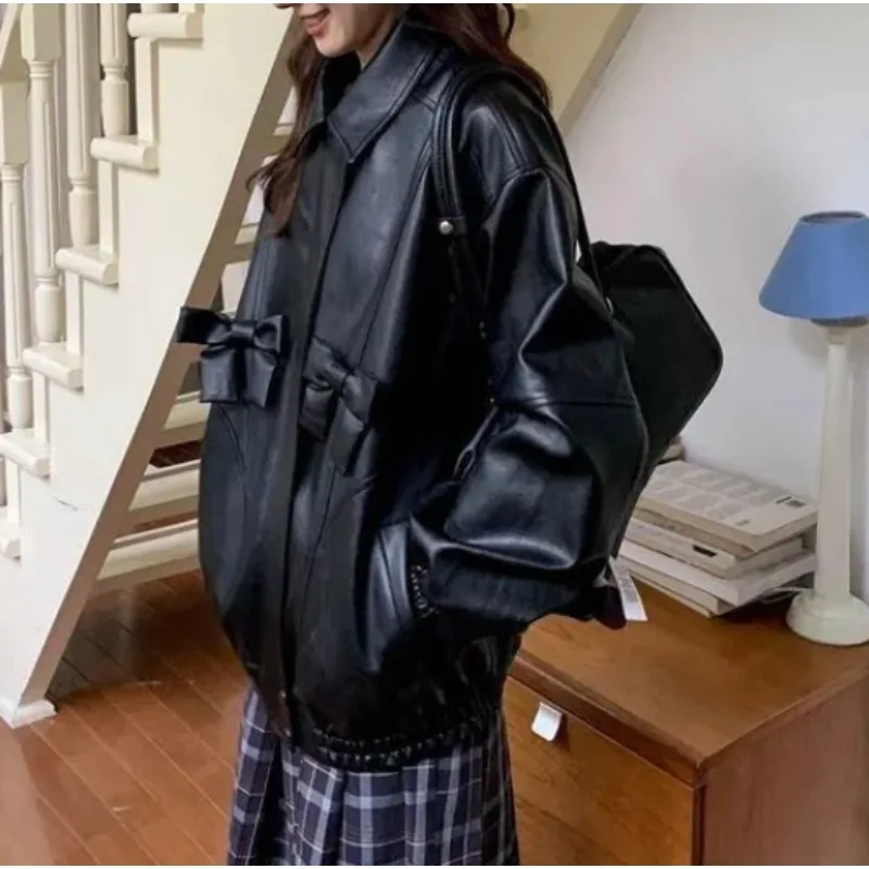 Bow Leather Jacket Zipper Commuter Lapel Bow Pattern Coat Women's 2025 Spring Fashion Girlish Jacket