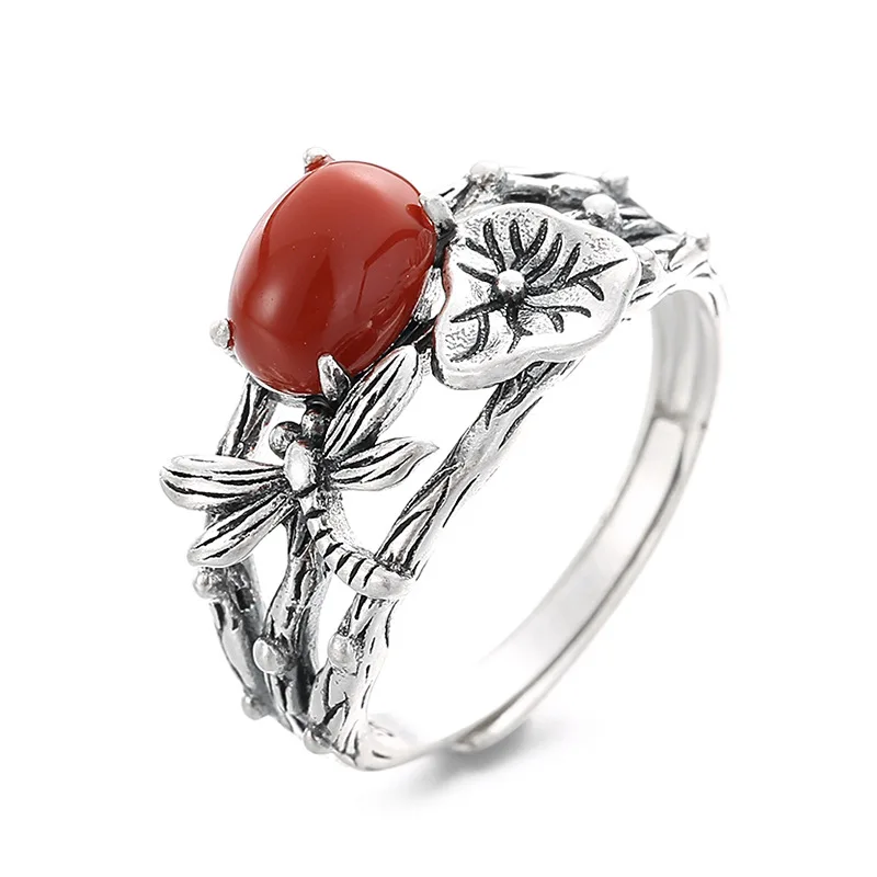 

Langyan 925 Sterling Silver Vintage Lotus Dragonfly Rings Ethnic Hollow Inlaid with South Red Agate Adjustable Ring for Women