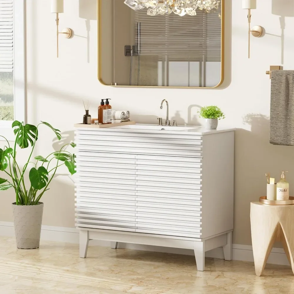 

36" Bathroom Vanity with sink,Mid-Century Freestanding Bathroom with Storage, Particleboard Frame with Wood Grain Laminate,White