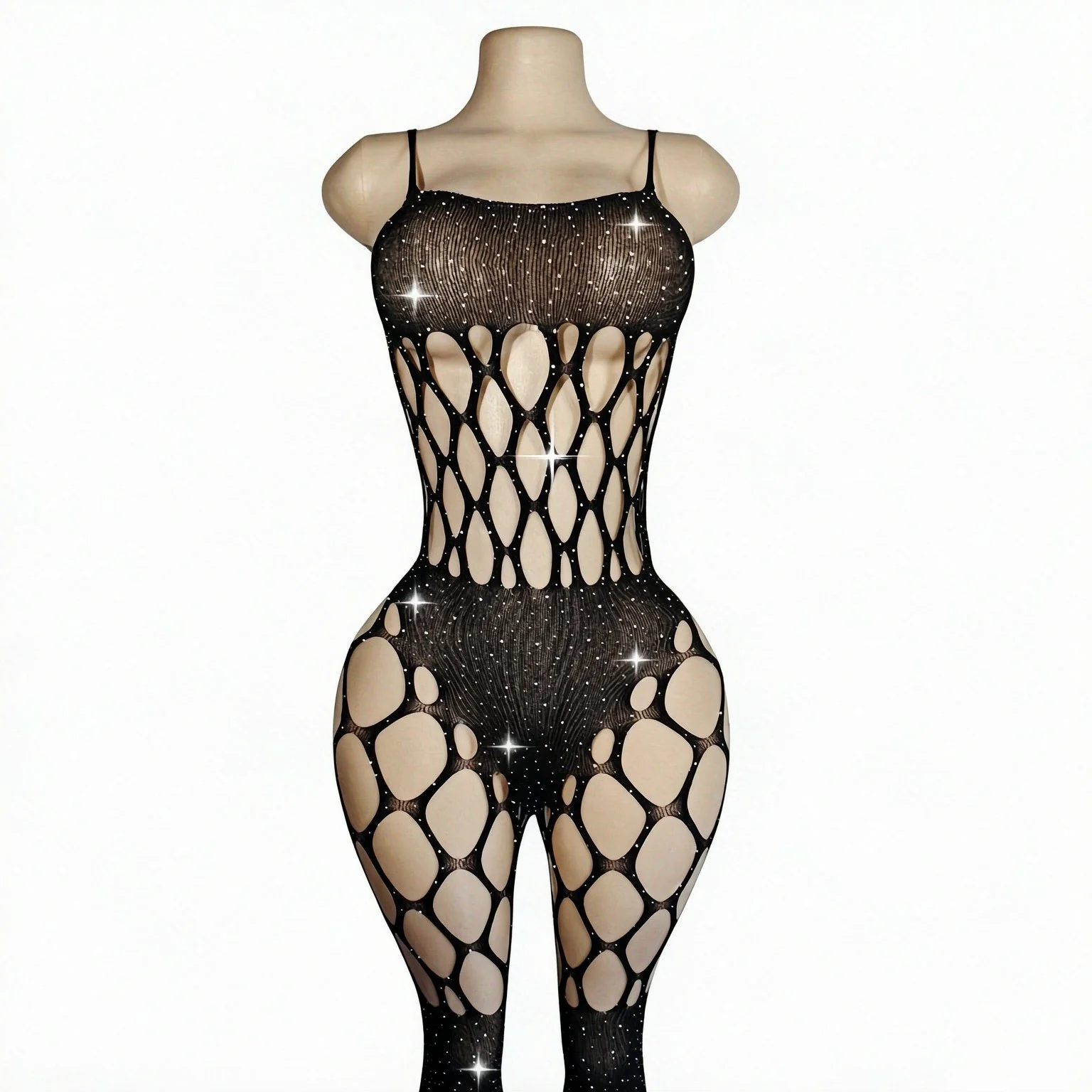 Ladies Spaghetti Strap Diamond Mesh Bodysuit High Elastic Hollow Fishnet Beach Cover Up Sarong For Beach Trip, No Bikini Include
