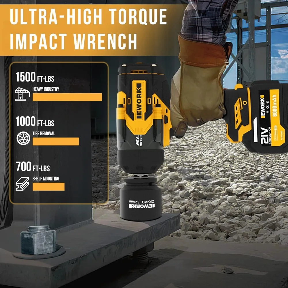 High Torque 3/4 Impact Gun with 6.0Ah Li-ion Battery, Fast Charger, 3/4