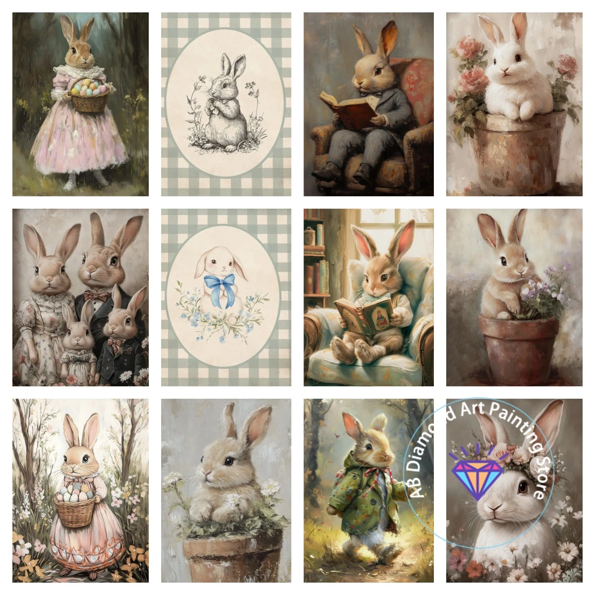 

Vintage Victoria Easter Bunny AB Diamond Painting Kit 5D DIY Diamond Embroidery Cross Handmade Art Gift Crafts Home Decoration