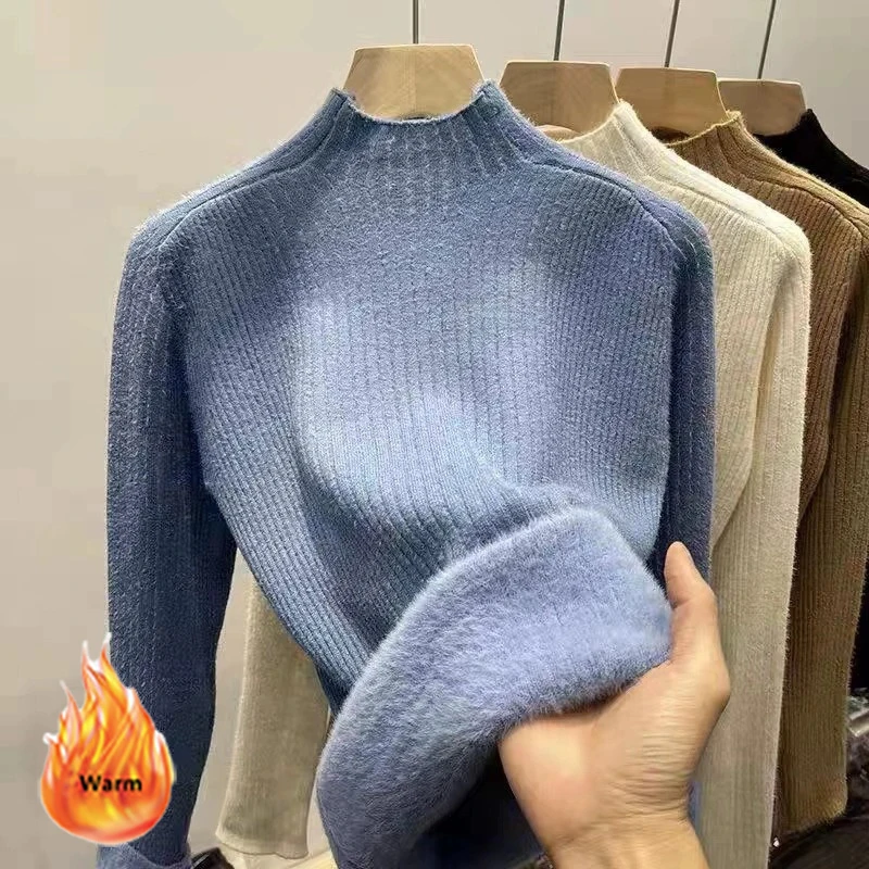 Plush Velvet Sweater Women Solid Half High Collar Knitted Pullover Soft Autumn Winter Knitwear Top All-Match Christmas Sweater