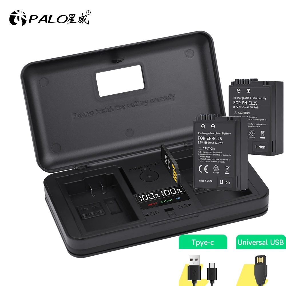 PALO EN-EL25 EN EL25 Battery with Storage Box /SD Card Interface /LCD Display 3 in 1 Charger for Nikon Z30 Z50 ZFC Z 50 Z FC