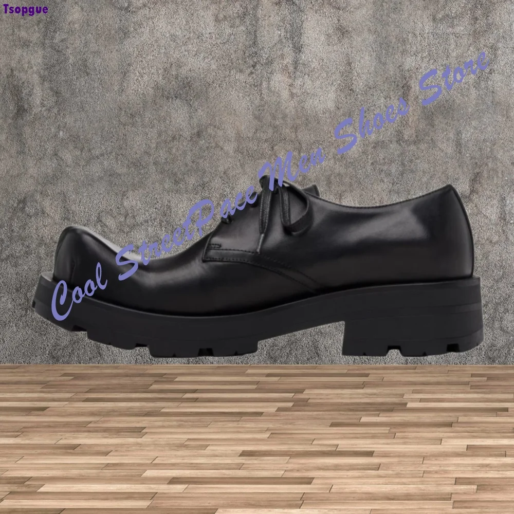 Green Color Split Toe Derby Dress Shoes Men Black Polished Leather Lace Up Chunky Thick Sole ashion Runway Handmade Casual Shoes