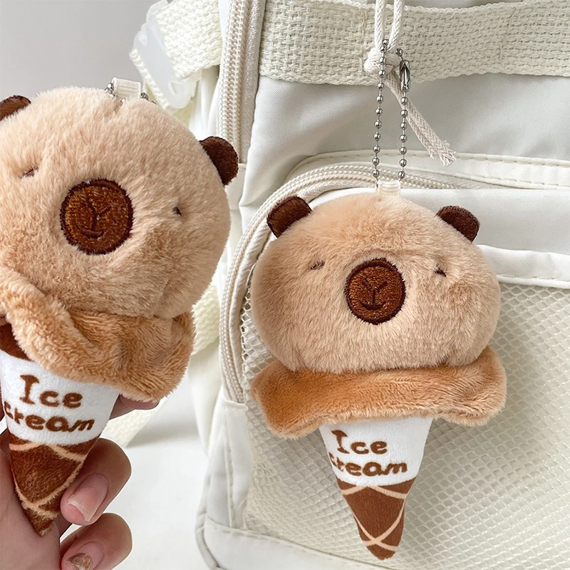 1Pc Creative Brown Capybara Stuffed Doll Keychain Fun Cute Ice Cream Capybara Plush Pendant Animal Cartoon Plushie Keychain Gift