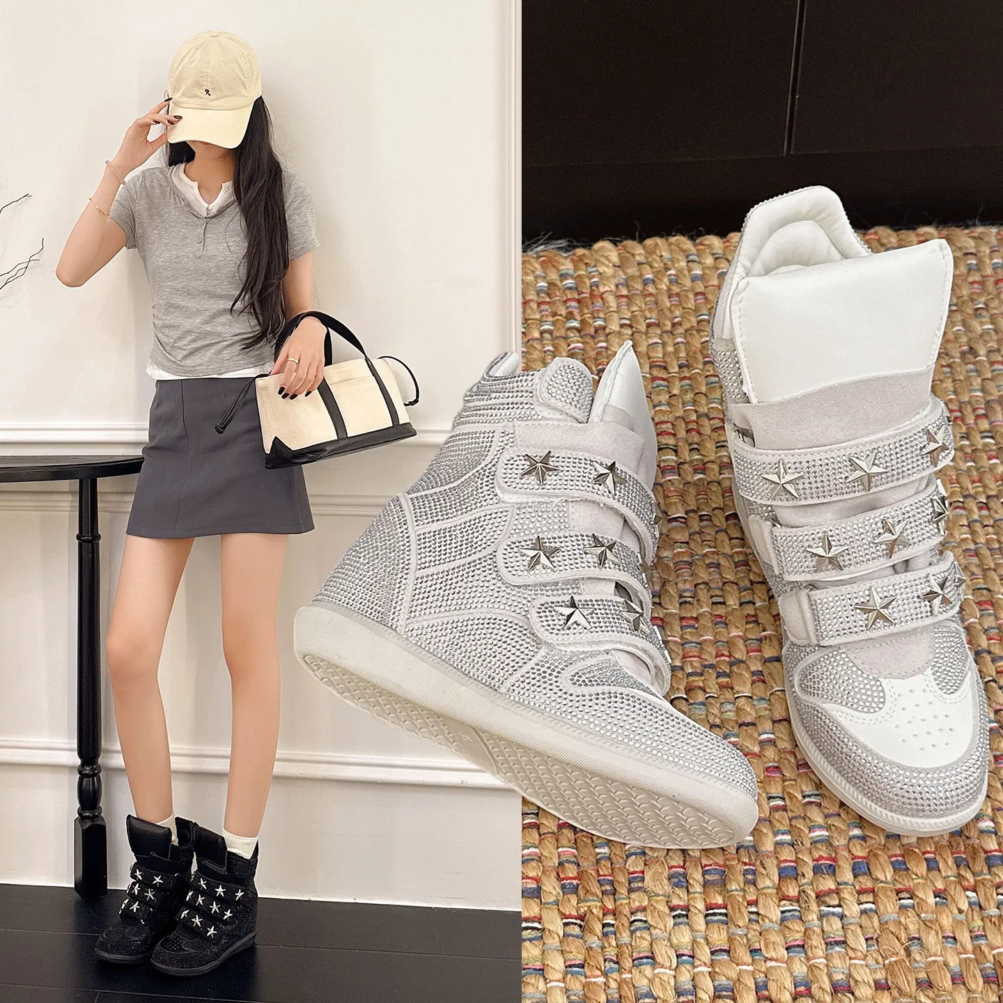 Chaussures de sport et décontractées pour femmes, rétro, à plateforme épaisse, à talon compensé, avec strass