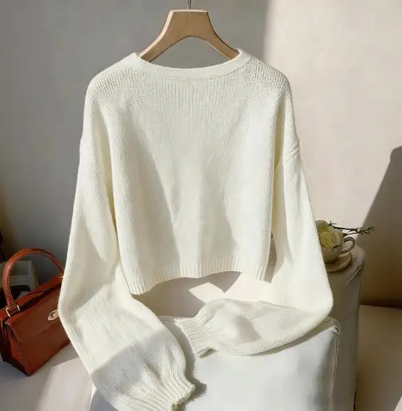 

Autumn New Solid Color V-Neck Slim Fitting Lantern Sleeve Butterfly Knot Decorative Sweater for Women's Elegant Casual Sweater