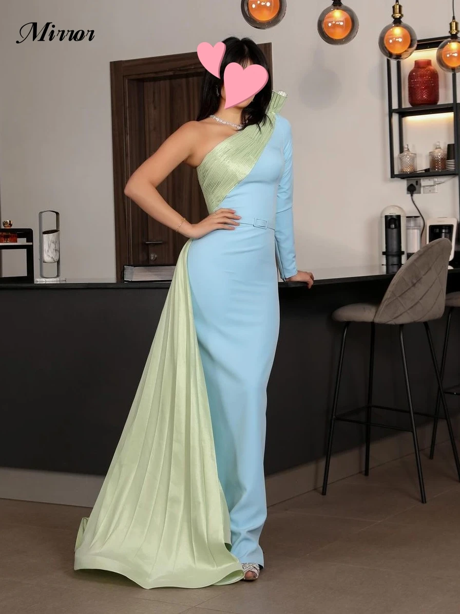 

Mirror Dress Elegant Vintage Sweet Blue Green Ruffle One Shoulder Customize Formal Occasion Prom Dress Evening Party Gowns
