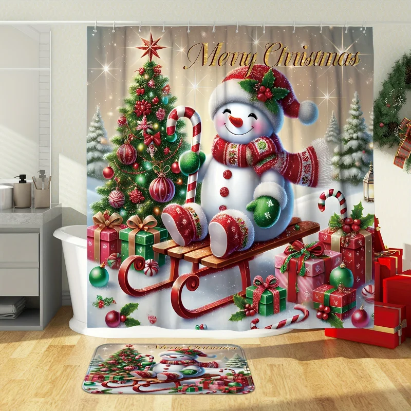 [Open] 1/4pcs Merry Christmas Winter Set Snowman Tree Candy Cane Cute Funny Red Green Shower Curtain Polyester Wa