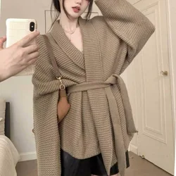 2024Women's Autumn Winter Fashion Solid Color V-neck Strap Korean Versatile Long Sleeved Loose Sweater Knitted Cardigan Coat