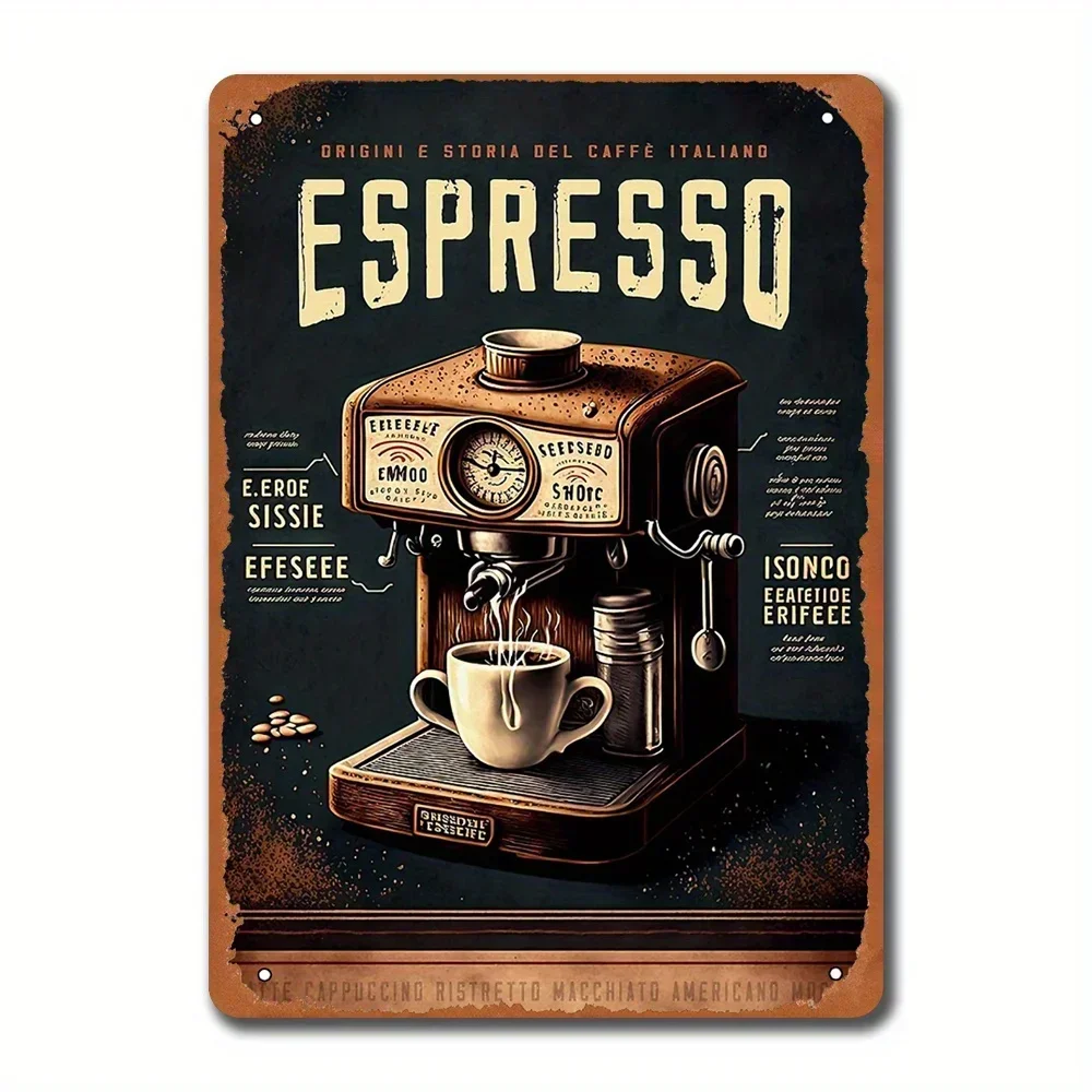 Vintage Metal Coffee Art Print Wall Decor - 8x12 Inch Rustic Espresso Machine Design with Italian Text,Durable  Sign for Kitchen