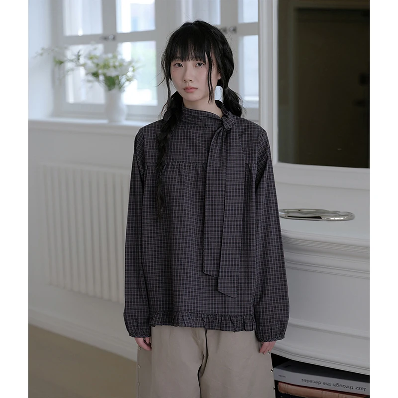 

Vintage Plaid Shirts Women Japanese Harajuku Bow Puff Long Sleeve Blouses Autumn Korean Aesthetic Peter Pan Collar Casual Tops