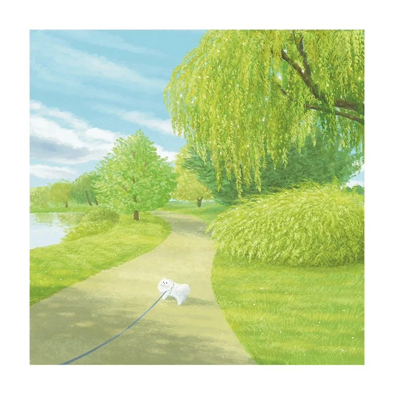

Hand painted oil painting living room, big tree landscape decorative painting, healing blue sky willow dog hanging painting