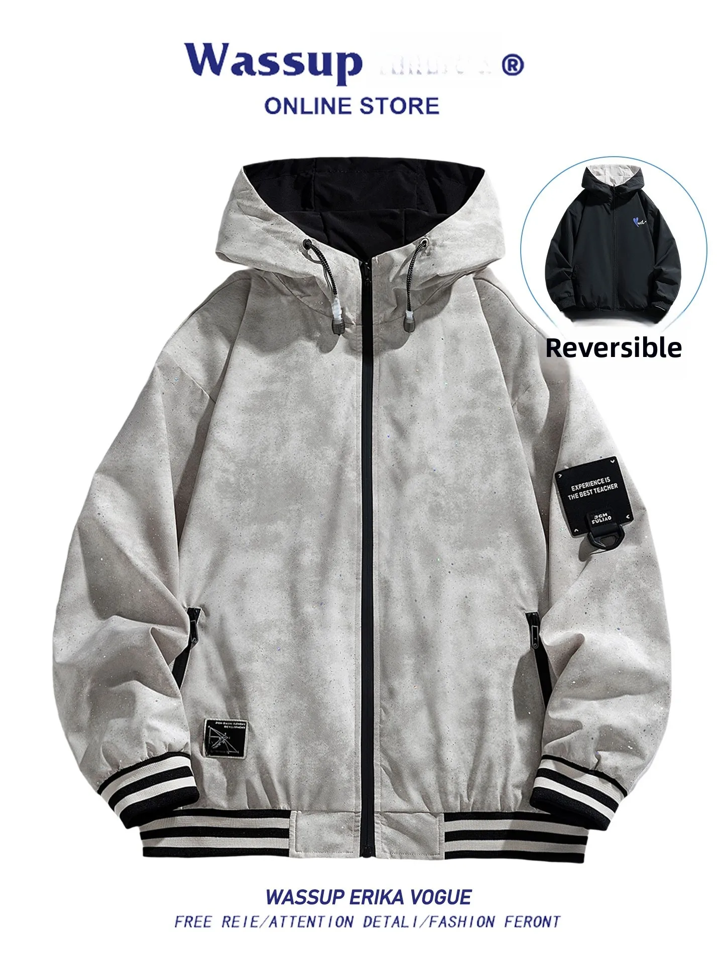 

Wassup Erika Men's Double-Sided Wear Jaet Coat Spring Autumn Trendy Brand Versatile Hooded Top Polyester Fiber Long Sve ...