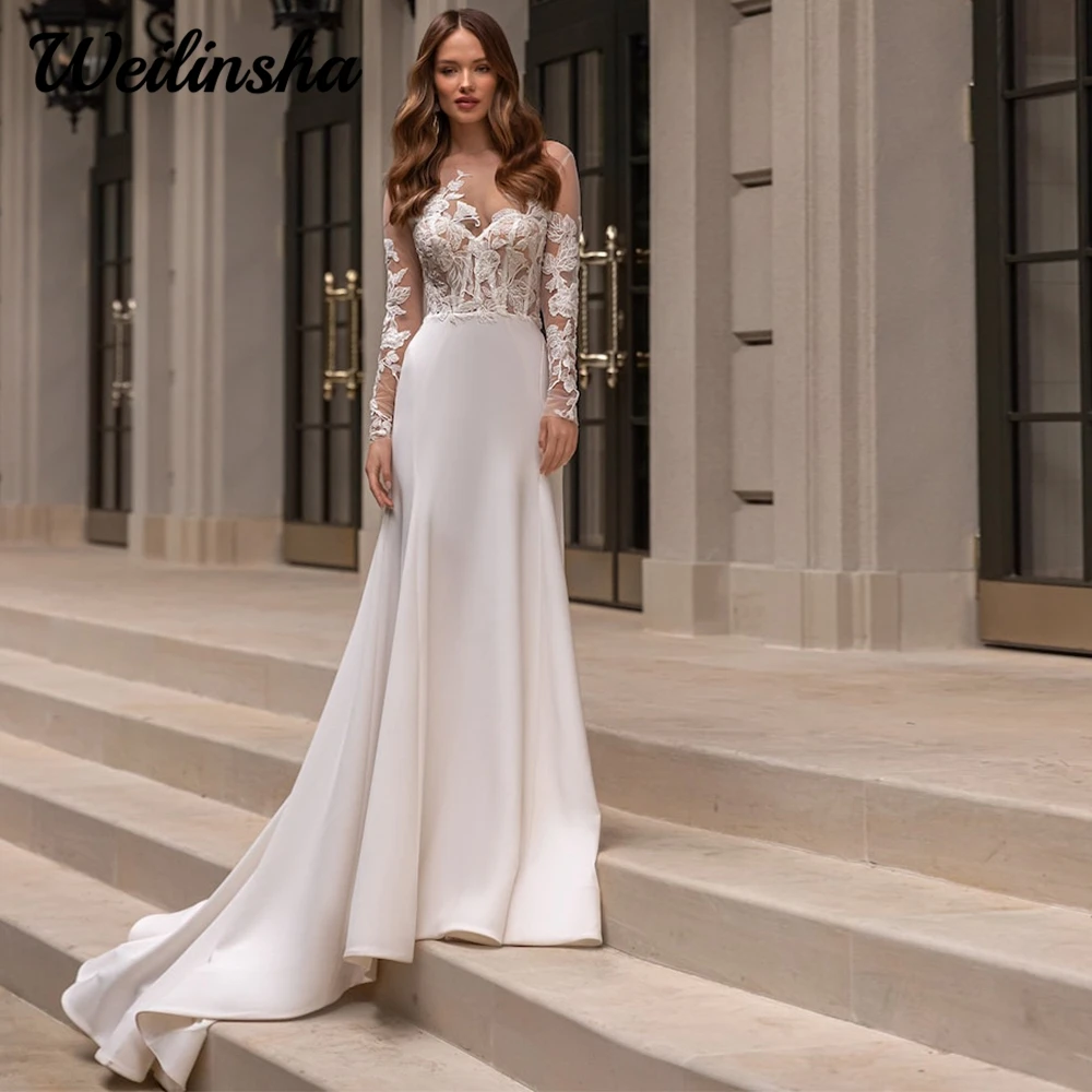 

Detachable Train Wedding Dress Modern Sheath Appliques Full Sleeve Jersey Civil Bridal with Button Back Vestido De Novia