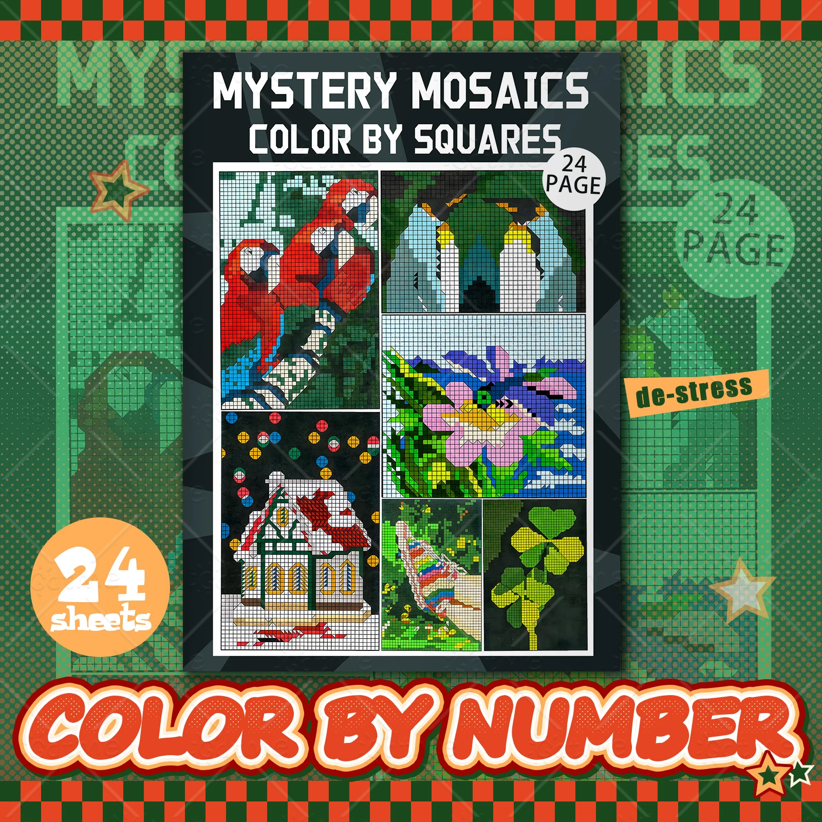 

Книжка-раскраска MYSTERY MOSAICS COLOR BY SQUARES, обучающая книга-раскраска для снятия стресса в мягкой обложке для взрослых и подростков ﻿