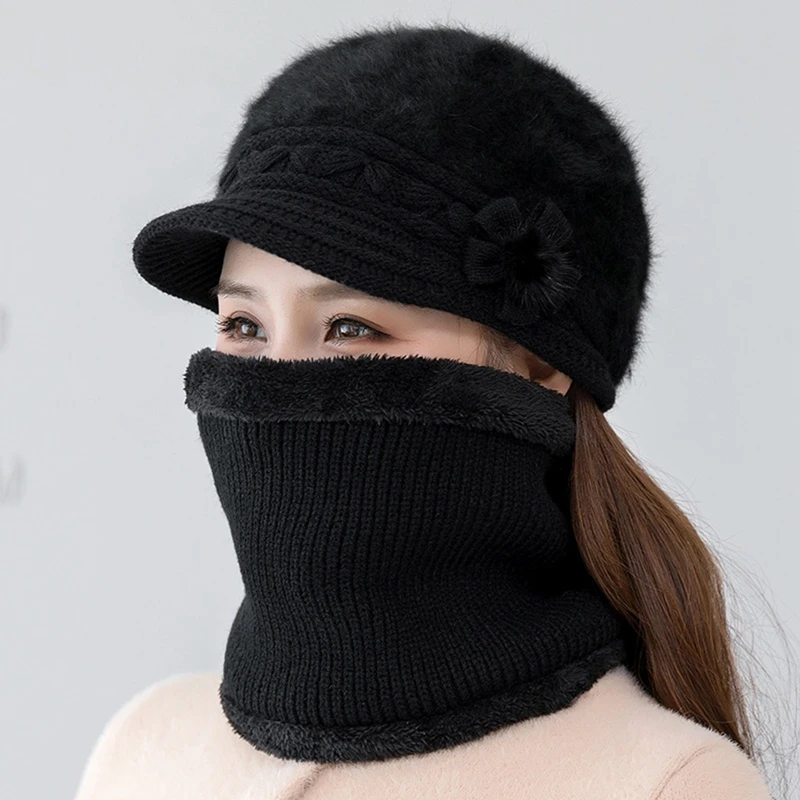 Women Winter Hat Keep Warm Cap Add Fur Lined Hat And Scarf Set Warm Hats For Female Casual Rabbit Fur Winter Knitted Hat