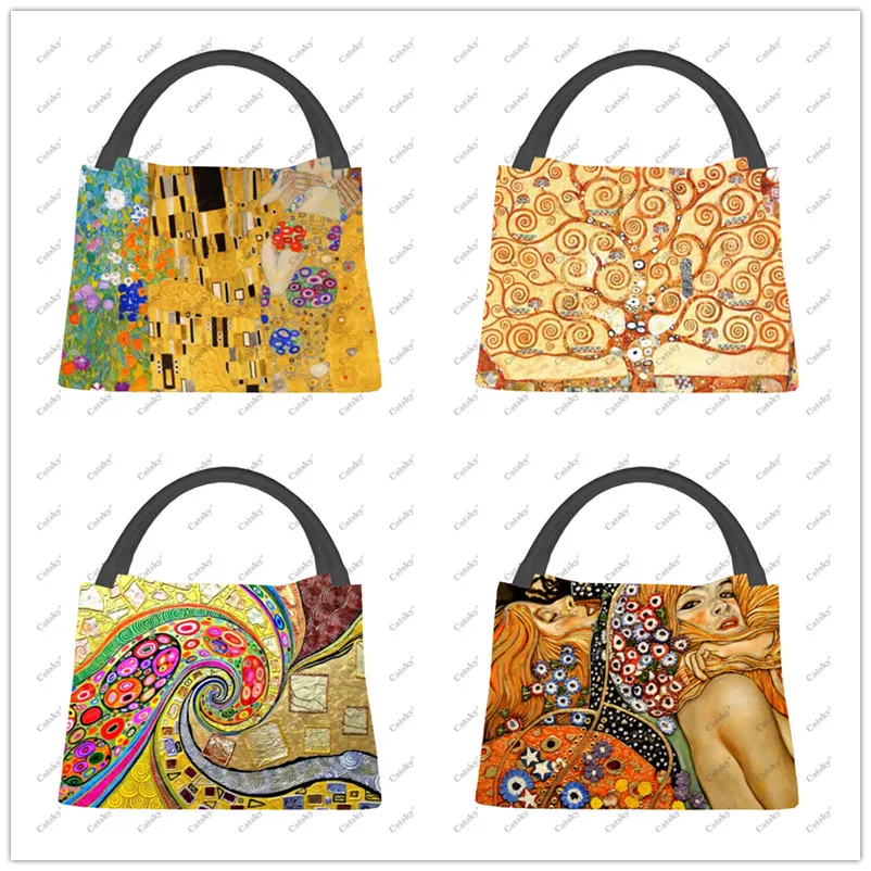 Gustav Klimt Oil Painting Portable Aluminum Foil Thickened Insulated Insulated Lunch Bag Waterproof Insulated Lunch Tote Bag