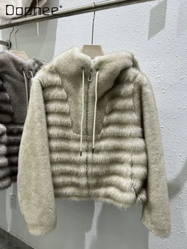 女性用フード付きミンクファージャケット,長袖,スリム,ジッパー付きコート,カジュアル,暖かい,冬,新しい,ファッション,2024