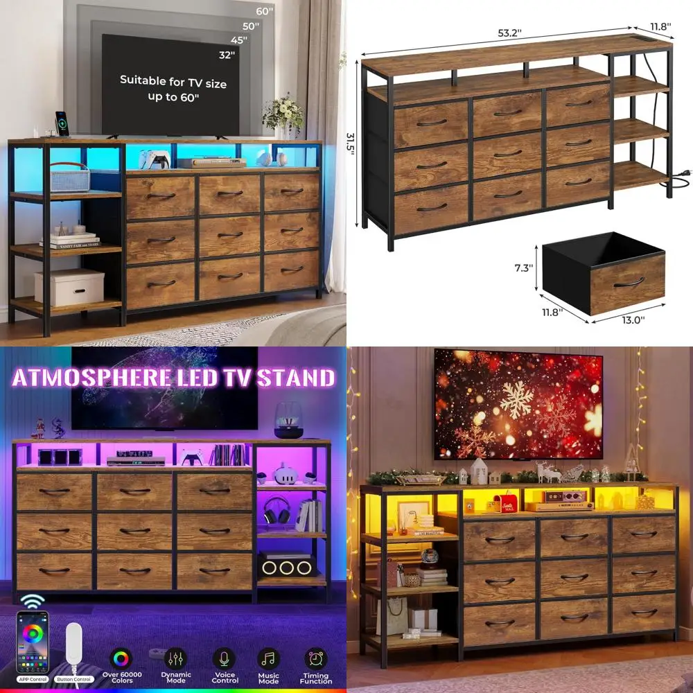 حامل تلفزيون 60 بوصة، خزانة ملابس مع قاعدة شحن، مركز ترفيه مكون من 9 أدراج بإضاءة LED، وحدة تحكم على الطراز الصناعي