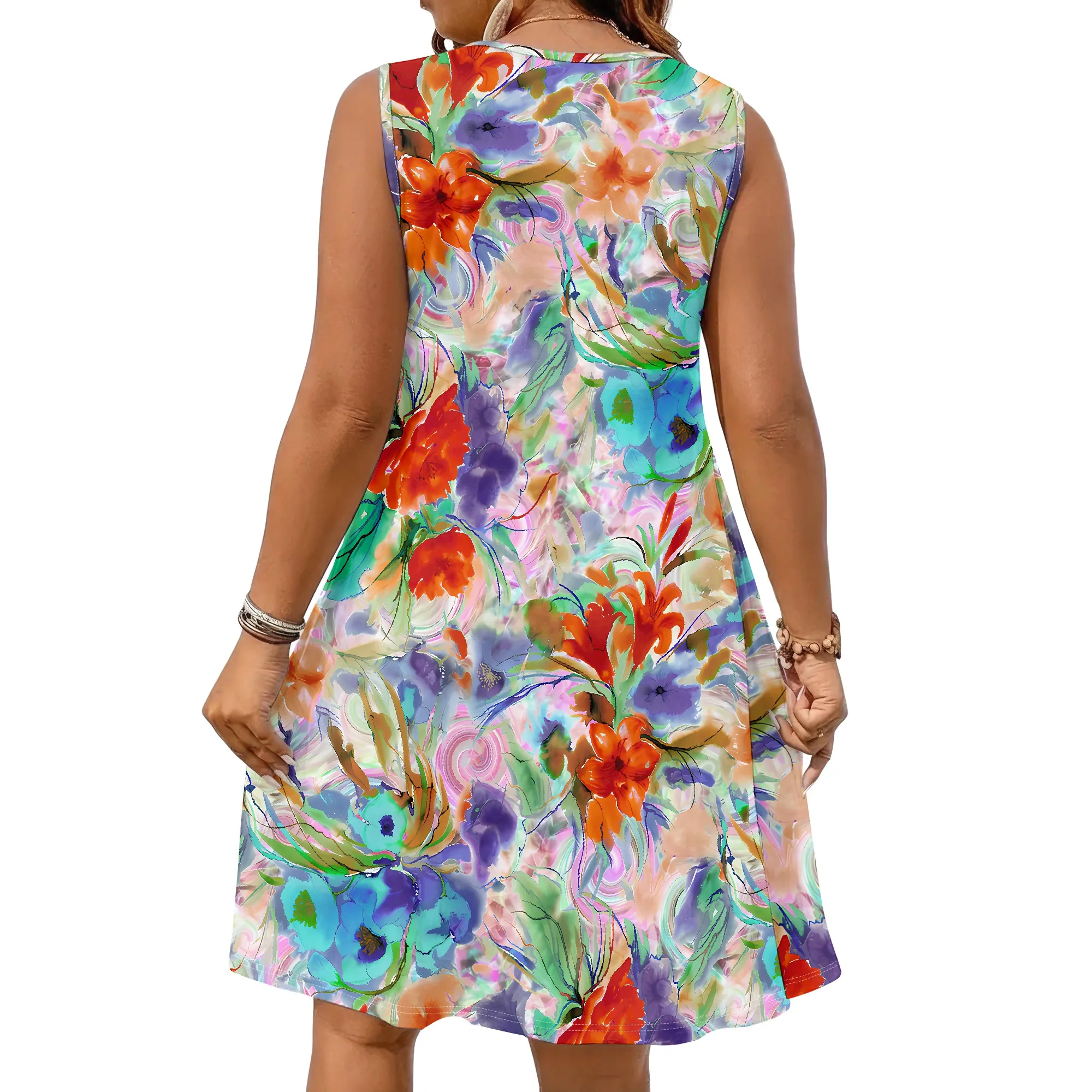 Lebhaft bedrucktes ärmelloses Kleid mit Blumenmuster, abstraktes Kunstmuster, locker sitzende Tunika, lässige Strandkleidung, Sommerurlaubsoutfit, XL-5XL – Detail 2