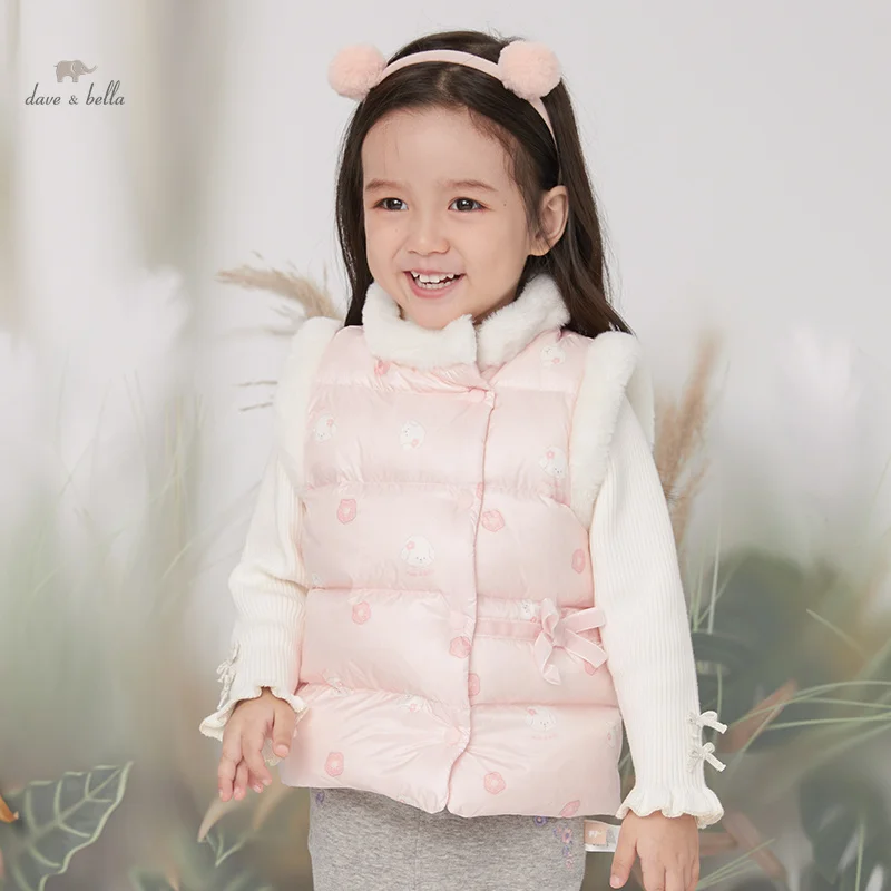 Dave Bella Children Down Vest Tank Top 2023 New Autumn Winter Girls Fashion Casual Cute Sweet Floral Party Outdoor DB4238204