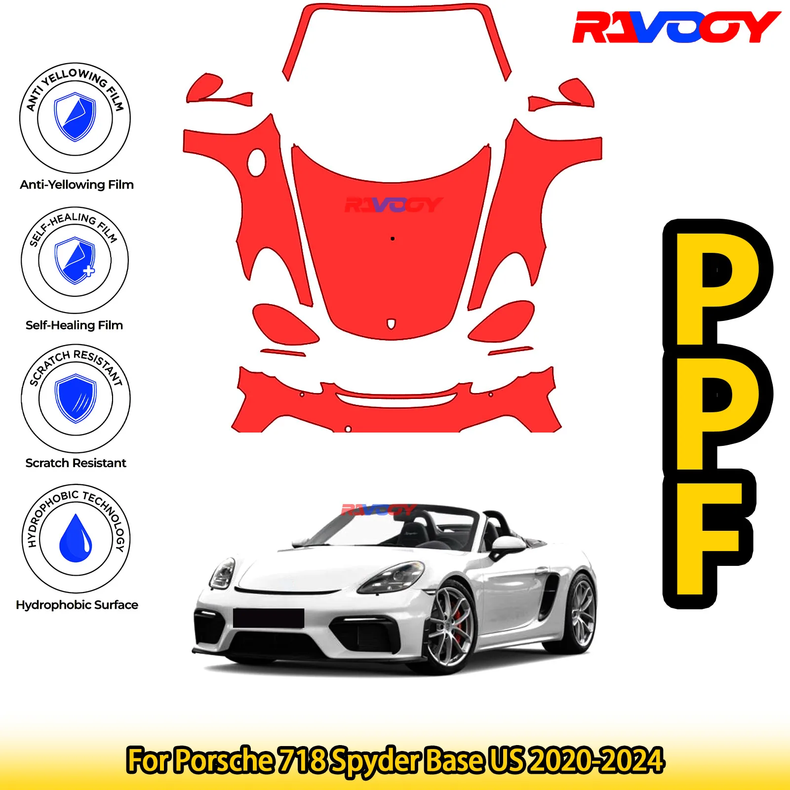 

For Porsche 718 Spyder Base US 2020-2024 Glossy Matte Black Precut front PPF Kit Paint Protection Film