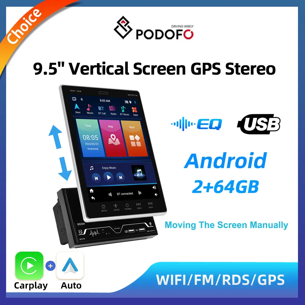 

Podofo Rotatable Vertical Screen Car Radio 2Din Android Multimedia Player GPS Navigation Autoradio Carplay Android Auto FM Radio