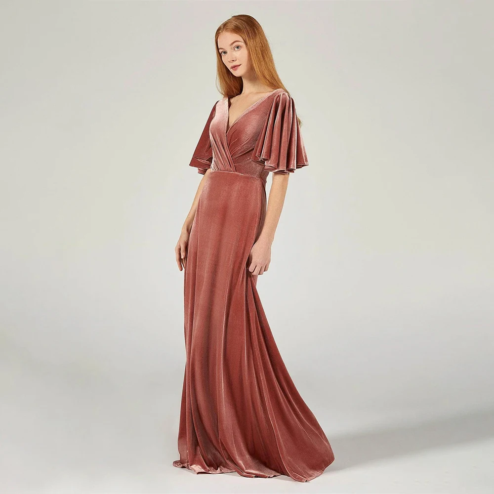 

Evening Dresses Women Elegant Prom Dresses V Neck Velvet Half Sleeve Pleated Formal Prom Gowns For Party Wedding Guest Dresses