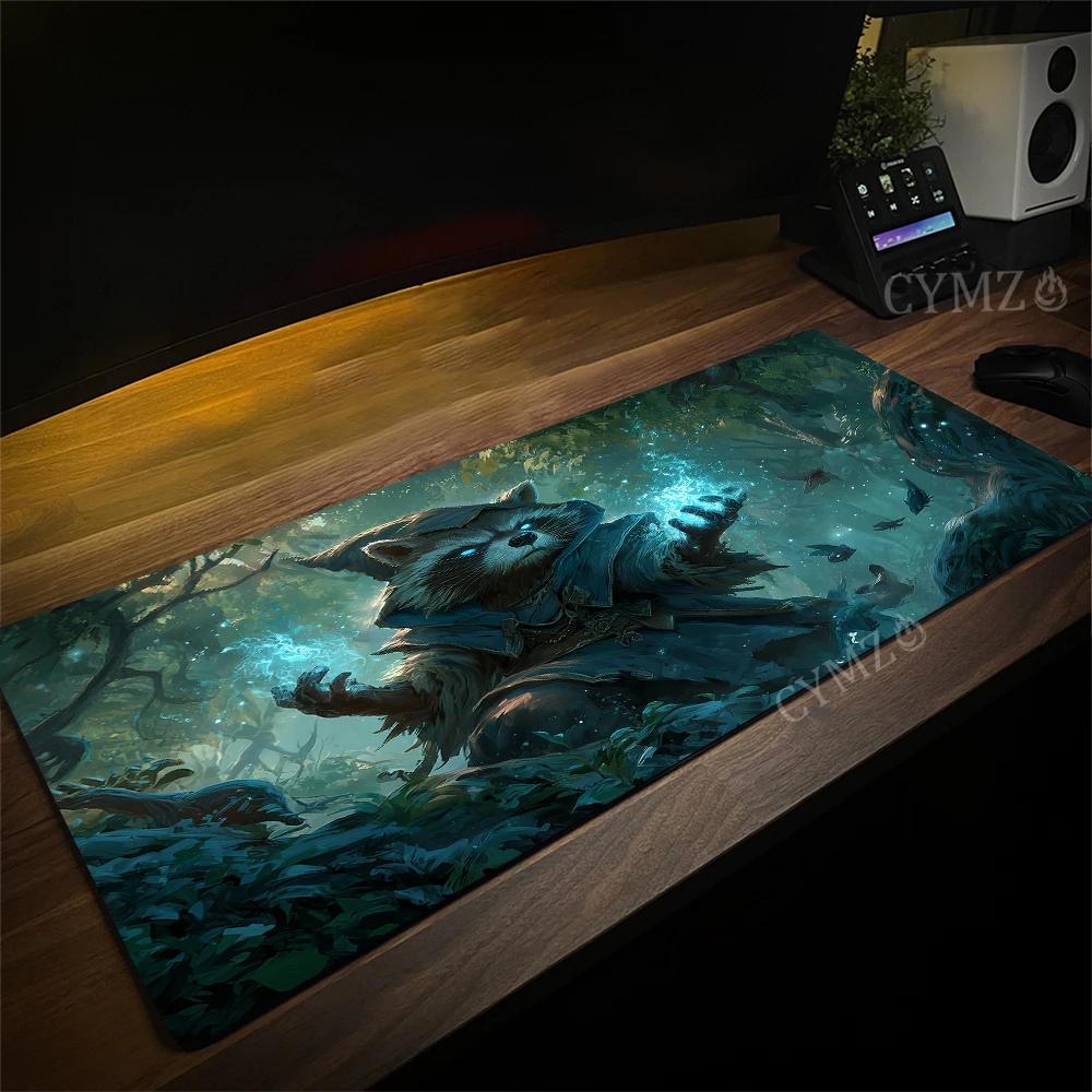 

Коврик для мыши Fantasy Forest Magic Raccoon, настольный коврик с прошитыми краями, резиновый противоскользящий прочный аксессуар для ПК, игровые коврики, коврик maus