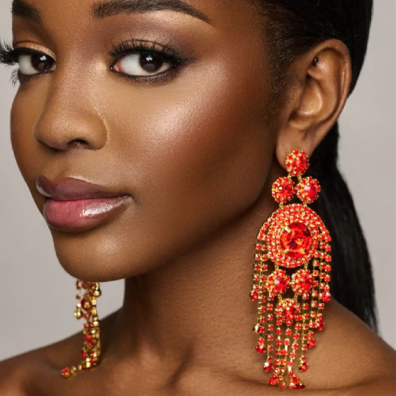 FYUAN Fashion Red Green Silver Color Crystal Earrings for Women Long Tassel Earring Party Weddings Jewelry