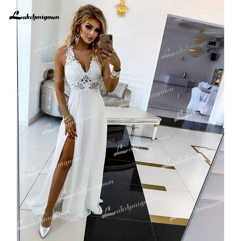 Boho Sexy High Slit V-neck Backless Lace Appliques A-Line Wedding Dresses Chiffon Bridal Gowns Sweep Floor vestidos de fiesta