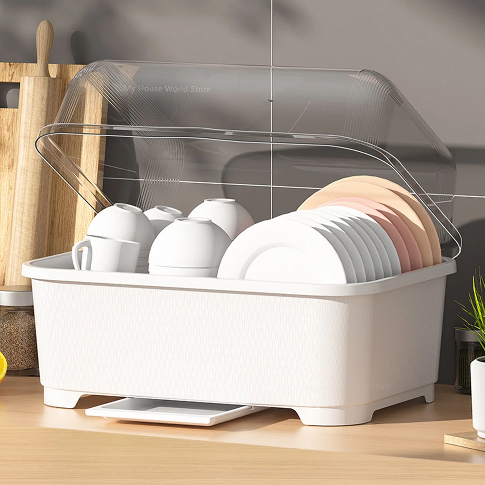 Dish Drainer Storage Kitchen Organizer with Lid Dust Proof Drainable Plastic Cabinet Dishes Storage Rack Kitchen Accessories