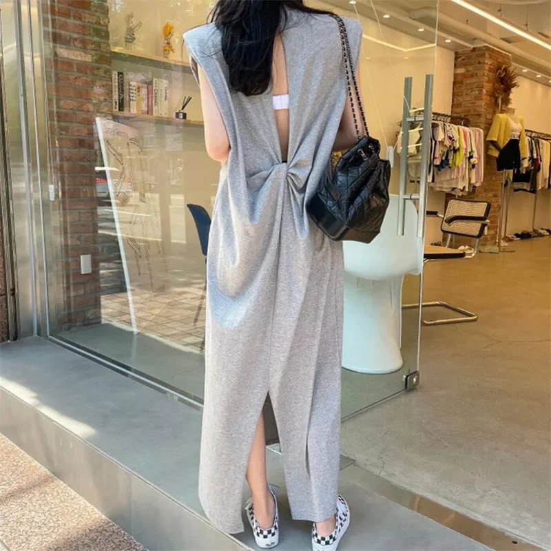 Summer Holiday Fashion Sexy Hollow Out Back Dress Round Neck Split Sleeveless Casual Loose Pad Shoulder Black Grey Khaki Dress