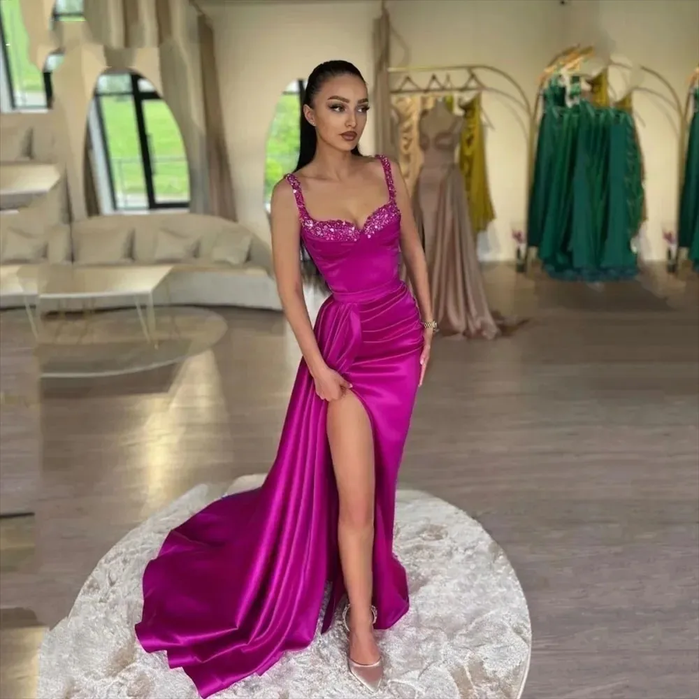 

Flora Dress Rose Red Satin Prom Dresses For Women Sequins Sweetheart Evening Gown Side High Split Party Princess Gowns 2024