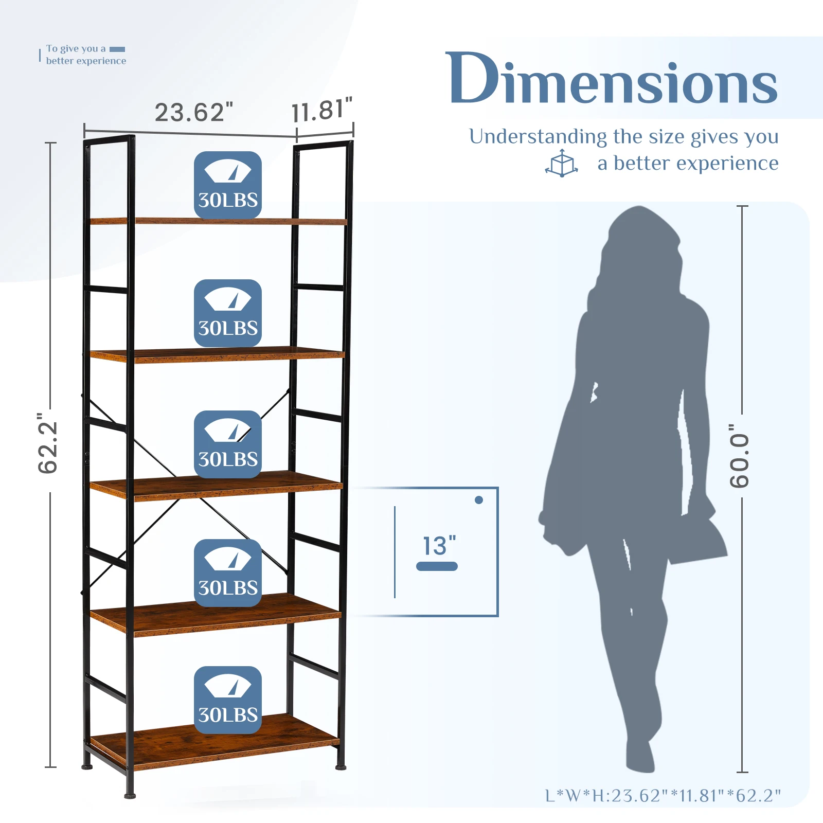 MCQ 5 Tiers Metal Classic Bookshelf Freestanding Tall Display Shelf Wooden Storage Tall Display Shelves Bookshelf Sturdy Structure Graduated Shelves Adjustable Feet for Home